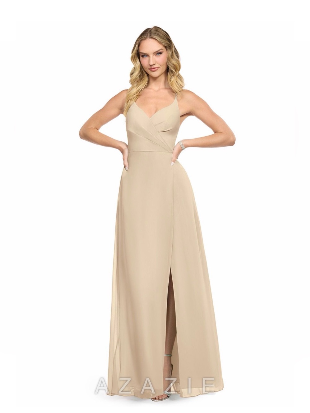 Azazie Champagne Spaghetti Strap Maxi Dress